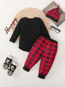 SHEIN Playful Pals 3件套婴儿男女宝宝圣诞字母印花长袖连体衣+南瓜图案裤子+帽子套装，秋季圣诞宝宝服装，男女宝宝圣诞套装，我的第一个圣诞节宝宝套装，男女宝宝通用服装，中性宝宝服装 - 彩色 - 查看 2