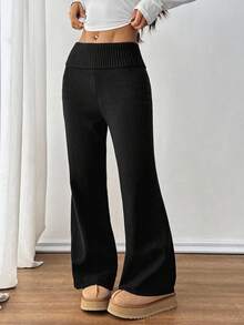 SHEIN PETITE Women's Casual Foldover Waist Knit Pants, Autumn/Winter,Fall,Fall Clothes For Women - Black - View 4