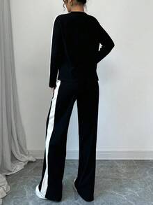 SHEIN PETITE مجموعة قطعتين عصرية أنيقة للاستخدام اليومي والمكتب والعودة إلى المدرسة: بلوزة كم طويل بألوان متباينة وبنطال ساق مستقيمة، خريف/شتاء