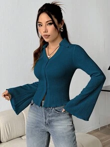 Flirla 女款素色單排扣休閒喇叭袖襯衫，春夏秋季適用 - 藍色 - 查看 5
