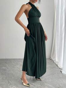 Livesso Women's Halter Neck Long Slit Dress - Black - View 1