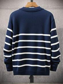 Claim Dot 男士条纹 Polo 领长袖休闲毛衣，秋冬 - 藏蓝色 - 查看 3