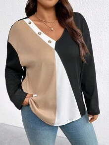 EMERY ROSE Áo thun tay dài họa tiết chắp vá cỡ lớn màu tương phản cho nữ, thích hợp mặc hàng ngày và đi nghỉ - Nhiều màu - Xem 4