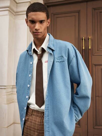 SWAVVY Men's Fashionable Long Sleeve Vintage Letter Embroidered Single-Breasted Denim Jacket