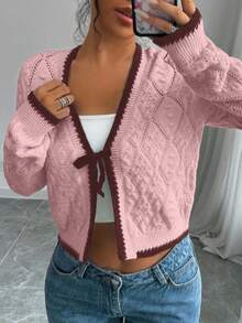 Selianne French Casual Versatile Diamond Textured Long Sleeve Pullover Cardigans For Women - Pink - View 4