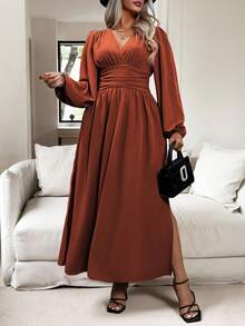 Vionelle Plus Size Women's Solid Color Simple Daily Pleated Dress Maxi Women Outfit Fall Cloth For Women - Rust Brown - View 7