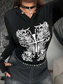 Whyspr Plus Size Women Casual Eyelet Hoodie Long Sleeve Printed T-Shirt