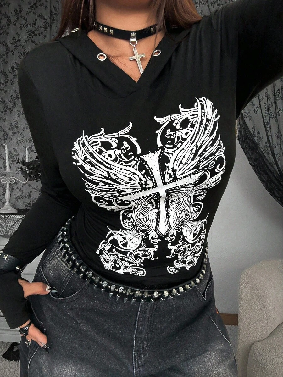 Whyspr Plus Size Women Casual Eyelet Hoodie Long Sleeve Printed T-Shirt