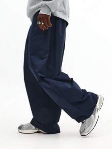 SUMWON Quần ống rộng dáng rộng thoải mái cho phong cách đường phố, quần dài thường ngày có dây rút, có túi bên hông, đồ mặc nhà lễ hội - Màu xanh hải quân - Xem 4