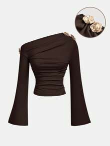 SHEIN MOD Women's Fashion Commuter Brown Asymmetric Collar Flare Sleeve T-Shirt,Brown Top