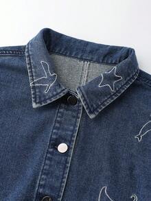 GlowEve 女式休闲牛仔夹克，带鸟类印花，长袖，单排扣，秋季 - 深色水洗藍 - 查看 3