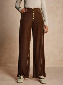 SHEIN Ladiora Quần nhung cổ điển đính nút kim loại dành cho nữ, mùa thu - Cà phê nâu - Xem 3