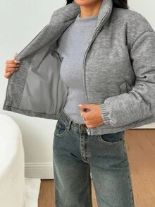 SHEIN PETITE 女士升级款灰色纯色拉链休闲针织外套，适合秋冬季、感恩节、居家和户外活动穿着。 - 灰色 - 查看 9