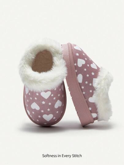 Cozy Pixies 1 Pair Girls' Heart Fashionable Slip-On Warm Lined Winter Slippers, Suitable For Home, Casual, Daily Wear, Outdoor In Winter (Pattern Random)