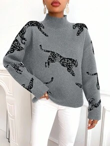 SHEIN Clasi Women's Leopard Pattern Loose Fit Drop Shoulder Stand Collar Sweater, Autumn/Winter - Grey - View 6