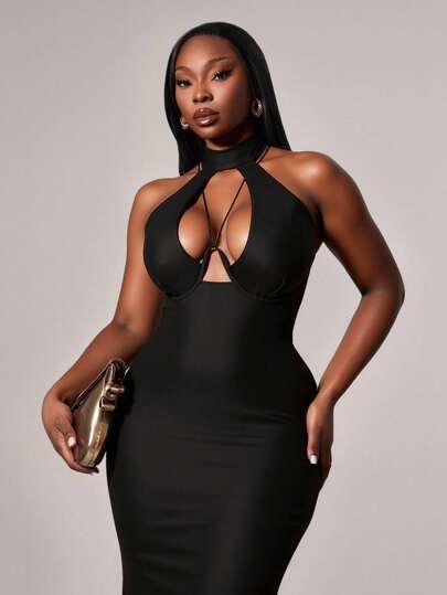 SHEIN SXY Plus Size Women's Spring&Summer Elegant Sexy Steel Ring Rope Halter Sleeveless Fishtail Dress,Fashion For Everyday Wear Party,Suitable For Banquet,Feast,Dinner Party,Prom,Ball,Urban,Sexy Office Siren,Cruise Attire,Vintage,Festival,Concert,Carnival,Outing,Richly Layered,Holiday,Date Night,Gathering,Birthday,Bachelorette Party Outfit ,Cocktail,Formal Event,Modest,Chic,NightClub,Cute,Casul,Going Out,Coquette,Accent Your Body,Flatter The Figure,Flattering Silhouette