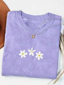 INAWLY 舒适彩色雏菊衬衫，刺绣舒适彩色衬衫，刺绣花卉衬衫，雏菊T恤，复古春季衬衫，女士圆领刺绣图案T恤 - 紫羅蘭色 - 查看 3