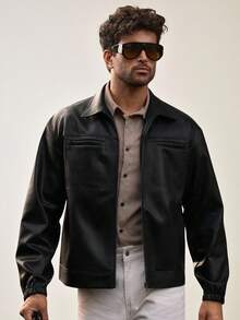 EASEVO 加大码男士休闲时尚街头风PU皮革拼接口袋拉链夹克，秋季款 - 黑色 - 查看 2