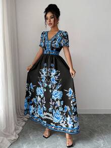Elenzga 女士优雅通勤花卉印花连衣裙 - 藍色 - 查看 4