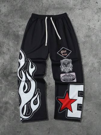 Street Life Herren Jogginghose mit Kontrast-Flammen-Muster und Kordelzug in der Taille