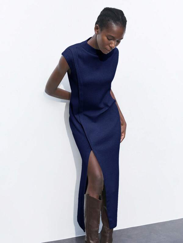 Maija Women's Solid Color Stand Collar Sleeveless Casual Sweater Dress With Side Slit Hem, Elegant Dress For St. Patrick's Day, Easter, Spring Festival, Music Festival Autumn Winter Clothes For Women