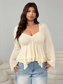 Solflare Áo thun dài tay loe họa tiết ngực màu be cỡ lớn, tay dài, tay lỡ, tay lỡ, tay lỡ, áo thun dệt kim jacquard, thiết kế mới, mặc hàng ngày, dự tiệc, hẹn hò, ngày lễ, nhiều dịp, đa năng, viền bèo nhún, viền hai lớp, chất liệu vải dệt kim jacquard co giãn tốt - Màu be - Xem 6