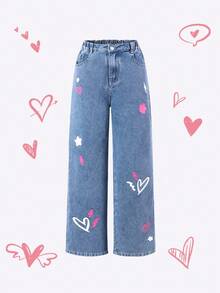 SUMWON Aesthetic Heart Star Y2K Wide Leg Jeans Girls Butterfly Denim Pants Casual Kawaii Kids Autumn Winter Fashion Pants - Medium Wash - View 1