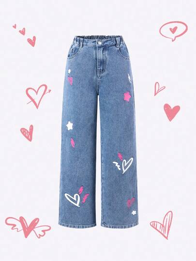 SUMWON Aesthetic Heart Star Y2K Wide Leg Jeans Girls Butterfly Denim Pants Casual Kawaii Kids Autumn Winter Fashion Pants