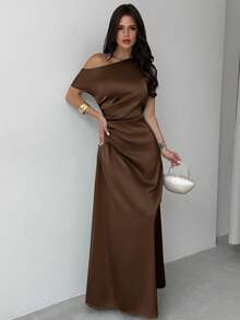 Firerie Vestido elegante asimétrico de hombro con pliegues y bajo de cola de sirena en color verde, adecuado para citas, vacaciones, bodas, eventos, regreso a la escuela, graduación, vestido de dama de honor formal