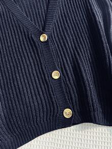 Comfortcana 大码海军蓝 V 领纽扣前长袖套头毛衣 - 藏蓝色 - 查看 5