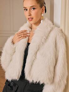 Revavyn 优雅奢华仿毛领长袖夹克，适合派对，欧美风格 - 白色 - 查看 6