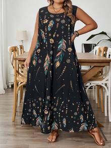 SHEIN CURVE+ 大码女式无袖花卉印花连衣裙，夏季，女士假日服装，女士秋季服装，冬季，CURVE PLUS - 黑色 - 查看 4
