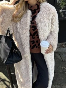 Elyressa 女式长款宽松仿皮草大衣 - 杏色 - 查看 7