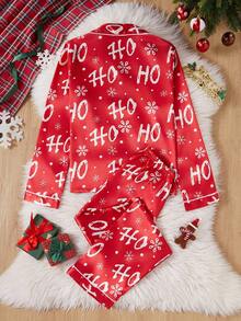 Winter  2pcs/Set Teen GirlSnowflake Print Long Sleeve Cardigan And Casual Pants Comfortable Loungewear Red Christmas Pajama Set - Red - View 2