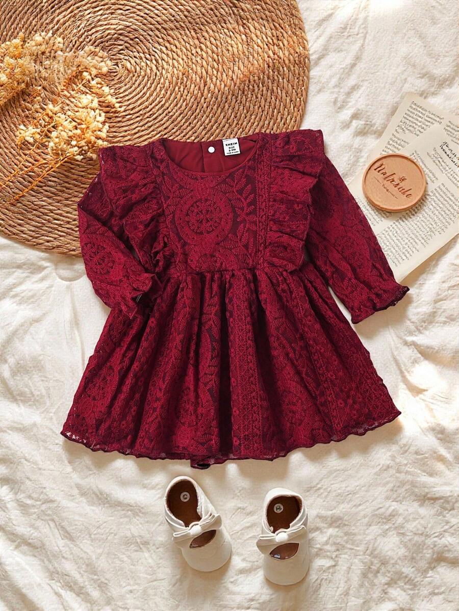 Vintaside Kids Baby Girls' Sweet Mesh Long Sleeve Loose Dress, Suitable For Outings, Parties And Gatherings, Spring/Autumn - Burgundy - View 1