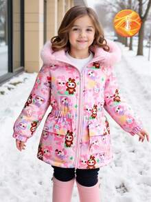 SHEIN Winter New Cute Cartoon Pattern Young Girl Thermal Lined Thick Hooded Jacket With Waist Cinch Fall Kids Coats Girls Girl Kids Winter Jacket - Pink - View 1