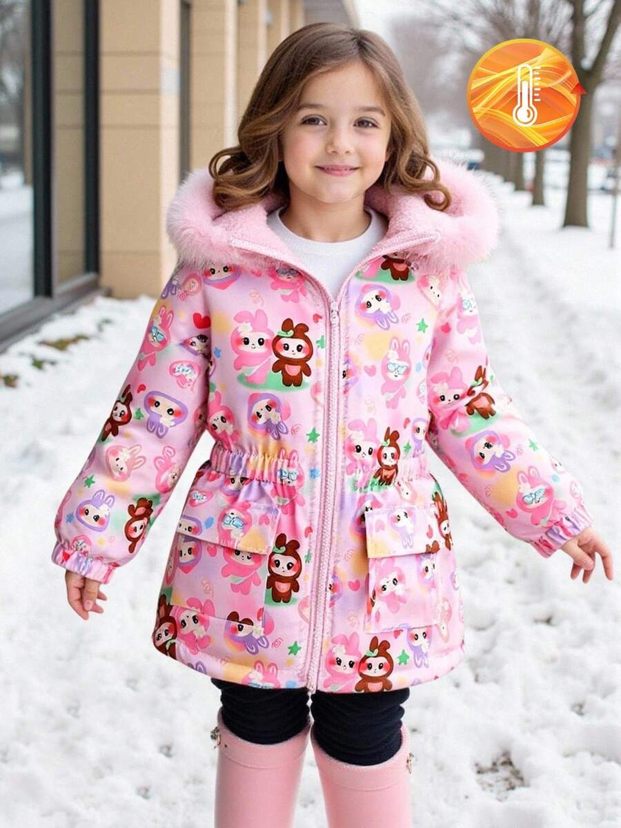 SHEIN Winter New Cute Cartoon Pattern Young Girl Thermal Lined Thick Hooded Jacket With Waist Cinch Fall Kids Coats Girls Girl Kids Winter Jacket - Pink - View 1