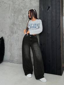 SHEIN PETITE CURVE 大码女式不对称腰部复古蓝色宽松直筒牛仔裤 - 黑色 - 查看 3