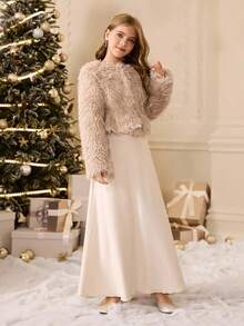 Conjunto de chaqueta de tela suave de unicolor de manga larga y cuello redondo holgada, y vestido maxi sin mangas de unicolor, estilo minimalista de moda diaria para niñas, otoño/invierno