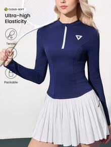 CourtClass Women's Autumn/Winter Personalized Slogan Half-Zip Pullover Slim Fit Long Sleeve Sports Casual Sweatshirt - Navy Blue - View 2