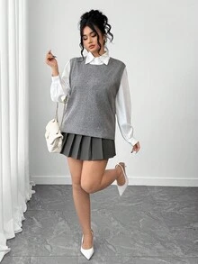 Elenzga Chaleco de punto holgado de unicolor con cuello redondo para mujer talla grande, otoño - Gris - Ver 5