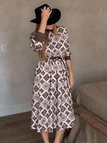 Vivie Lora 女士休闲高腰印花中长连衣裙波西米亚风度假装扮 - 棕色 - 查看 2