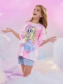 My Little Pony X SHEIN Tween Girl Casual Everyday Commute Cute Cartoon & Letter & Tie-Dye Print Oversized T-Shirt, Summer