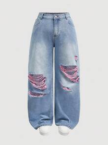 SHEIN Tall CURVE Jeans anchos y sueltos con efecto desgastado de moda casual para mujer de talla grande