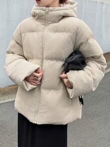 FRIFUL Áo khoác lông cừu rộng rãi, có mũ trùm đầu màu mơ cho nữ, áo khoác đệm đa năng cho mùa thu/đông - Màu be - Xem 4