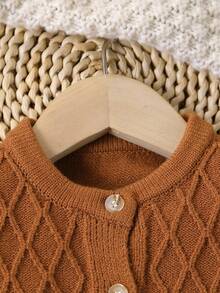 SHEIN 2pcs Baby Boys/Girls Brown Autumn Knitted Sweater & Pants Set,Modest Round Neck Long Sleeve Cable Outfit,Matching Family Casual Daily Home Clothes - Brown - View 3