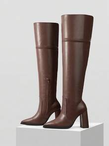 MOTF 时尚尖头粗跟过膝靴，适合约会和派对 - 棕色 - 查看 4