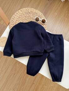 SHEIN 2pcs Baby Girl Cute Grey Letter Print Long Sleeve Sweatshirt And Pants Set, Autumn/Winter Fall - Navy Blue - View 2