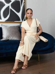 Melissa Matos Women's Elegant Wrap Around Batwing Sleeve Blouse + Wide Leg Loose Pants 2 Pieces Set, Lightweight For Summer Outing, Date, Vacation, Beige Color - Yellow - View 6