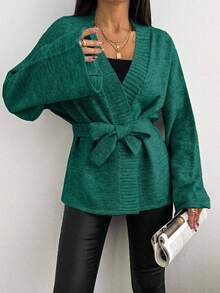 SHEIN Áo khoác cardigan dệt kim dài tay trễ vai màu trơn dành cho nữ, mùa thu - Màu xanh lá cây đậm - Xem 7
